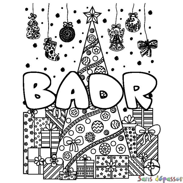 Coloriage prénom BADR - d&eacute;cor Sapin et Cadeaux