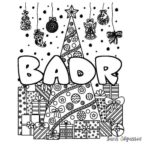 Coloriage pr&eacute;nom BADR - d&eacute;cor Sapin et Cadeaux