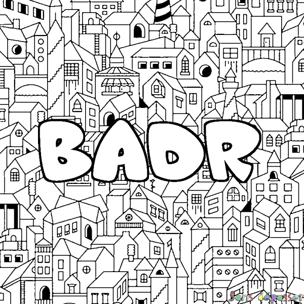 Coloriage pr&eacute;nom BADR - d&eacute;cor Ville