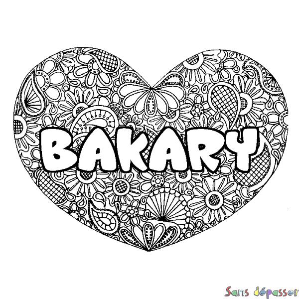 Coloriage prénom BAKARY - d&eacute;cor Mandala coeur