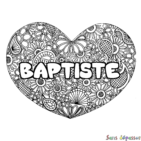Coloriage pr&eacute;nom BAPTISTE - d&eacute;cor Mandala coeur