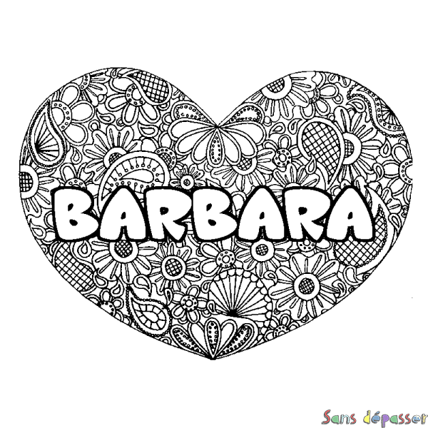 Coloriage prénom BARBARA - d&eacute;cor Mandala coeur