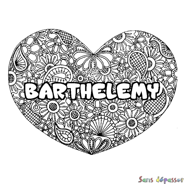 Coloriage pr&eacute;nom BARTHELEMY - d&eacute;cor Mandala coeur