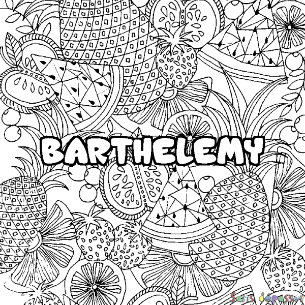 Coloriage pr&eacute;nom BARTHELEMY - d&eacute;cor Mandala fruits