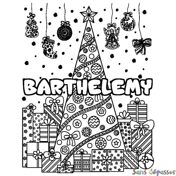 Coloriage prénom BARTHELEMY - d&eacute;cor Sapin et Cadeaux