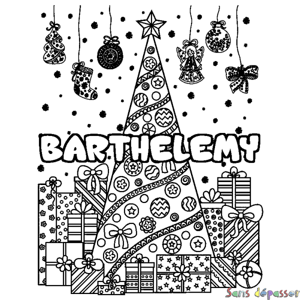 Coloriage pr&eacute;nom BARTHELEMY - d&eacute;cor Sapin et Cadeaux
