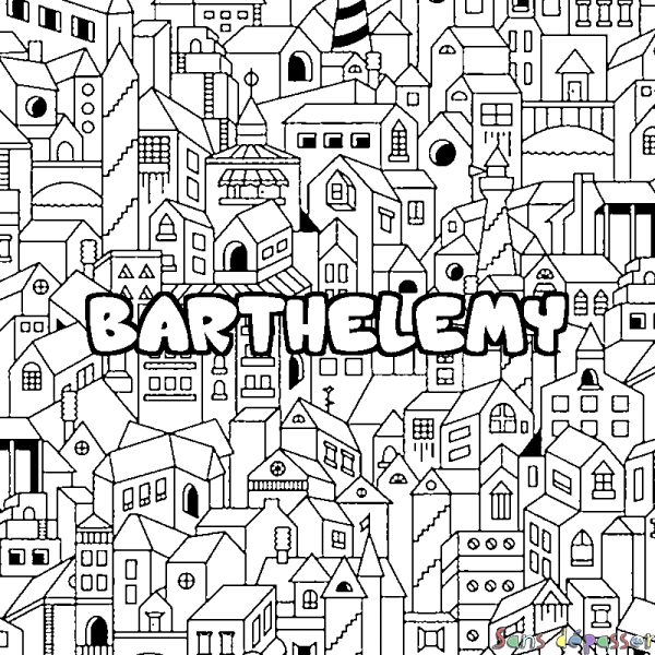 Coloriage pr&eacute;nom BARTHELEMY - d&eacute;cor Ville