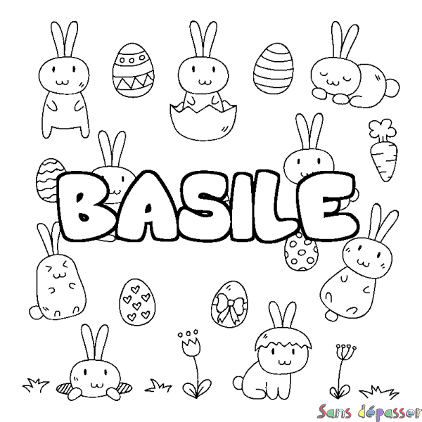 Coloriage pr&eacute;nom BASILE - d&eacute;cor Paques