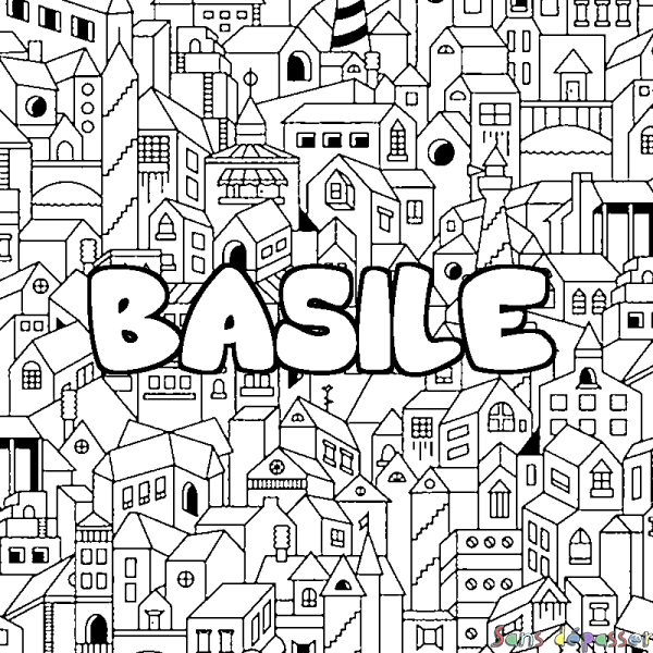 Coloriage prénom BASILE - d&eacute;cor Ville