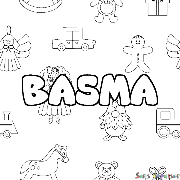 Coloriage prénom BASMA - décor Jouets - Sans Dépasser