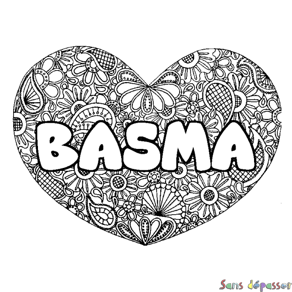 Coloriage prénom BASMA - d&eacute;cor Mandala coeur