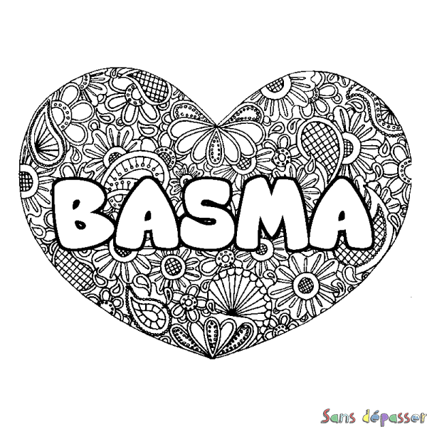 Coloriage pr&eacute;nom BASMA - d&eacute;cor Mandala coeur