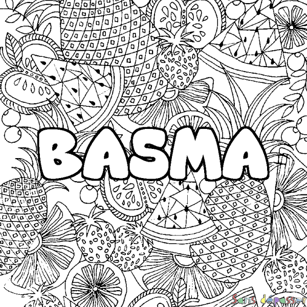 Coloriage pr&eacute;nom BASMA - d&eacute;cor Mandala fruits