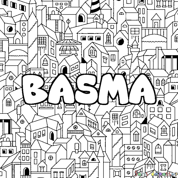 Coloriage pr&eacute;nom BASMA - d&eacute;cor Ville