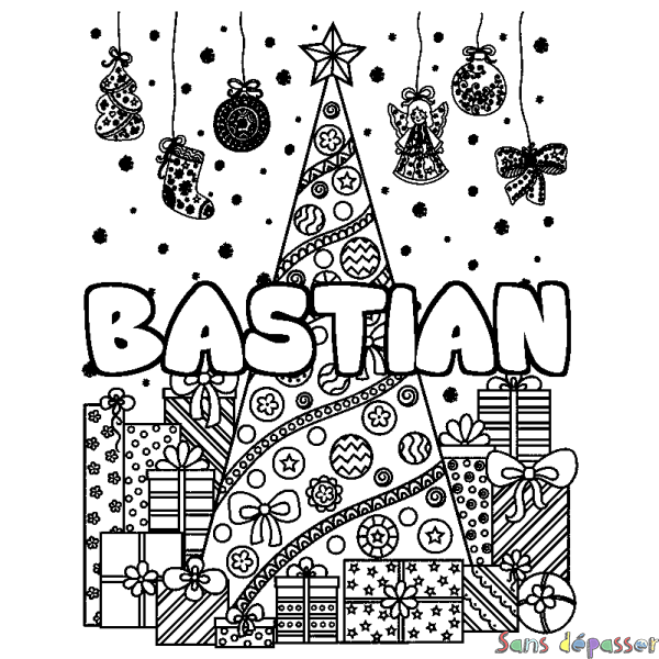 Coloriage prénom BASTIAN - d&eacute;cor Sapin et Cadeaux