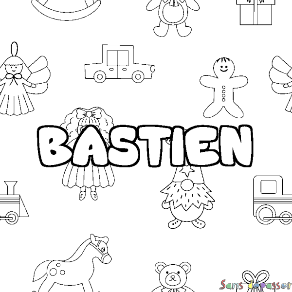 Coloriage pr&eacute;nom BASTIEN - d&eacute;cor Jouets