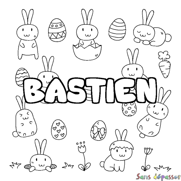 Coloriage pr&eacute;nom BASTIEN - d&eacute;cor Paques