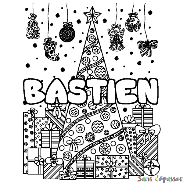 Coloriage prénom BASTIEN - d&eacute;cor Sapin et Cadeaux