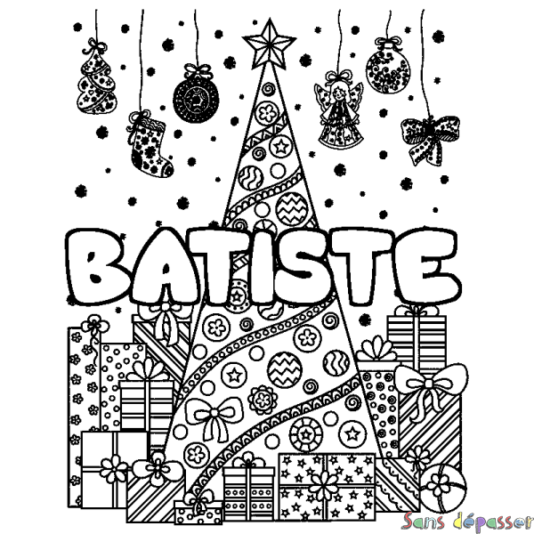 Coloriage prénom BATISTE - d&eacute;cor Sapin et Cadeaux