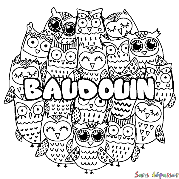 Coloriage prénom BAUDOUIN - d&eacute;cor Chouettes