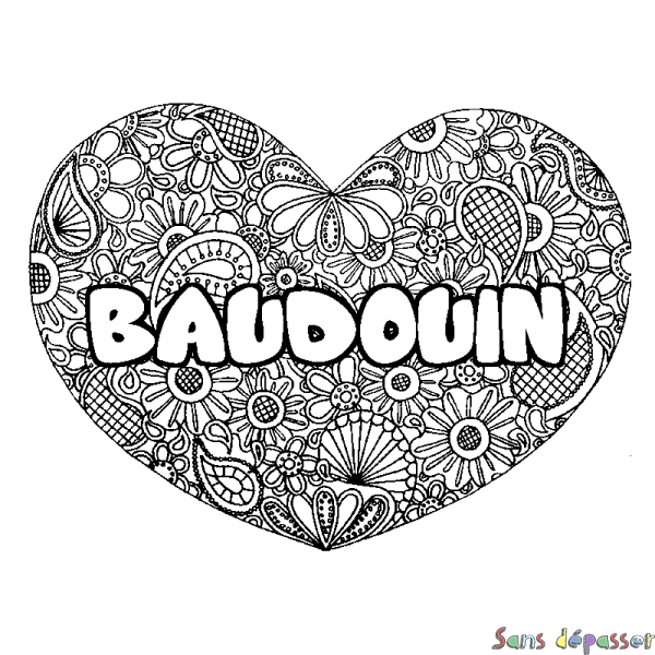 Coloriage prénom BAUDOUIN - d&eacute;cor Mandala coeur