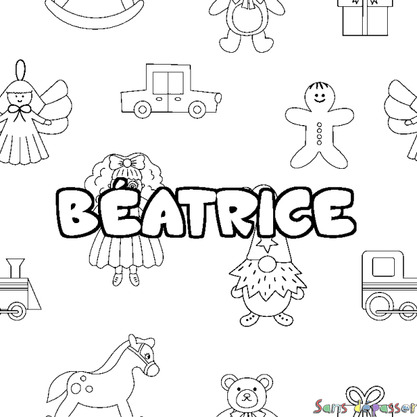 Coloriage pr&eacute;nom B&Eacute;ATRICE - d&eacute;cor Jouets