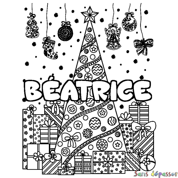 Coloriage pr&eacute;nom B&Eacute;ATRICE - d&eacute;cor Sapin et Cadeaux
