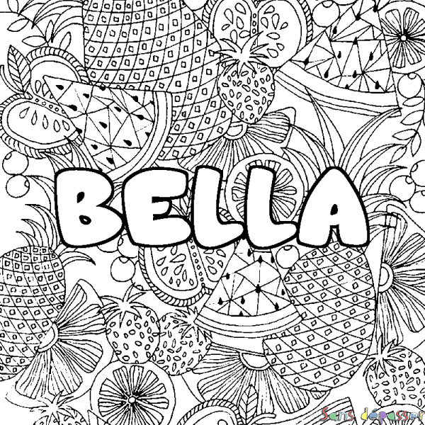 Coloriage pr&eacute;nom BELLA - d&eacute;cor Mandala fruits