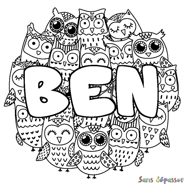 Coloriage pr&eacute;nom BEN - d&eacute;cor Chouettes