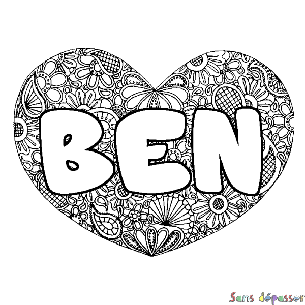 Coloriage pr&eacute;nom BEN - d&eacute;cor Mandala coeur
