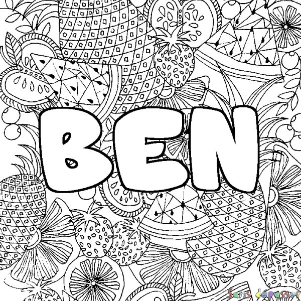 Coloriage pr&eacute;nom BEN - d&eacute;cor Mandala fruits
