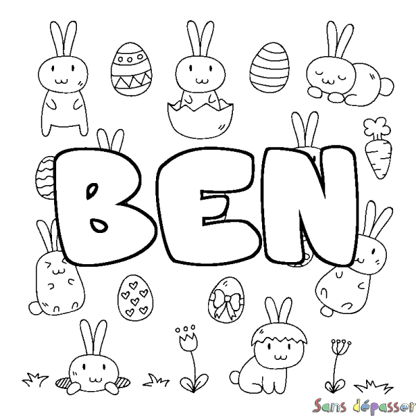 Coloriage pr&eacute;nom BEN - d&eacute;cor Paques
