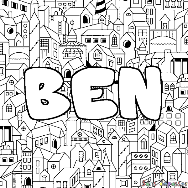 Coloriage pr&eacute;nom BEN - d&eacute;cor Ville