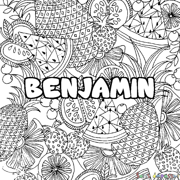 Coloriage prénom BENJAMIN - d&eacute;cor Mandala fruits