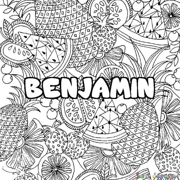 Coloriage pr&eacute;nom BENJAMIN - d&eacute;cor Mandala fruits