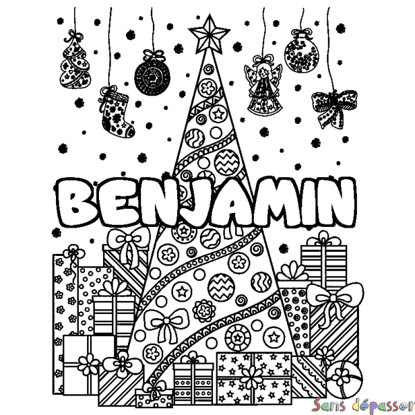 Coloriage prénom BENJAMIN - d&eacute;cor Sapin et Cadeaux