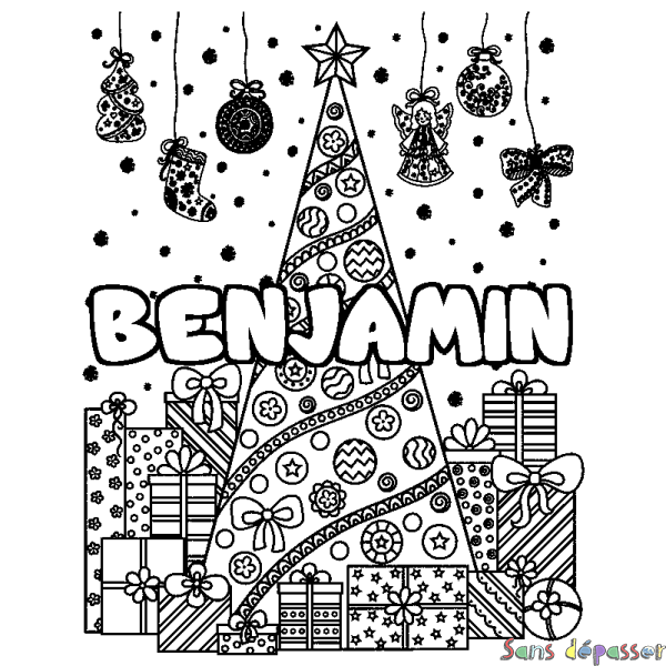 Coloriage pr&eacute;nom BENJAMIN - d&eacute;cor Sapin et Cadeaux