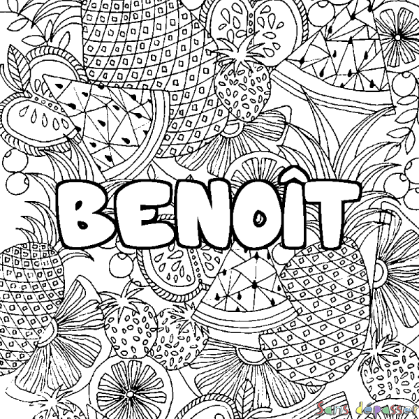 Coloriage prénom BENO&Icirc;T - d&eacute;cor Mandala fruits