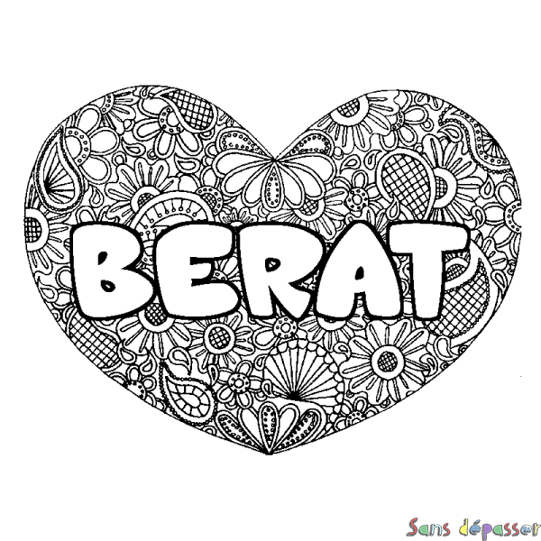 Coloriage pr&eacute;nom BERAT - d&eacute;cor Mandala coeur