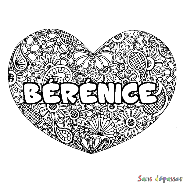 Coloriage pr&eacute;nom B&Eacute;R&Eacute;NICE - d&eacute;cor Mandala coeur
