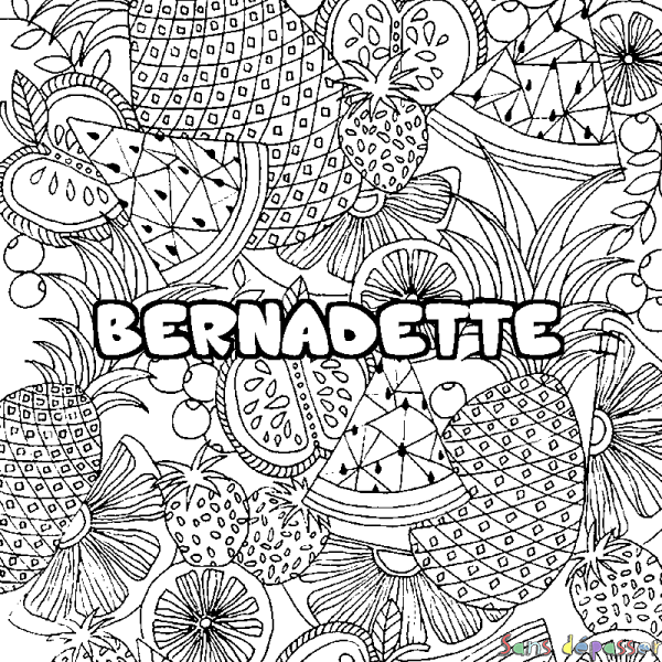Coloriage pr&eacute;nom BERNADETTE - d&eacute;cor Mandala fruits