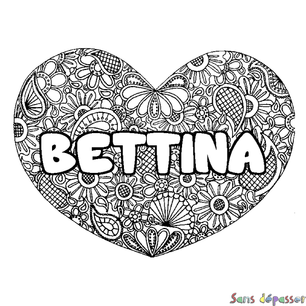 Coloriage prénom BETTINA - d&eacute;cor Mandala coeur