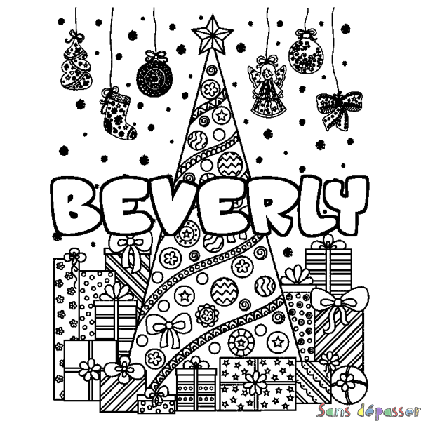 Coloriage pr&eacute;nom BEVERLY - d&eacute;cor Sapin et Cadeaux