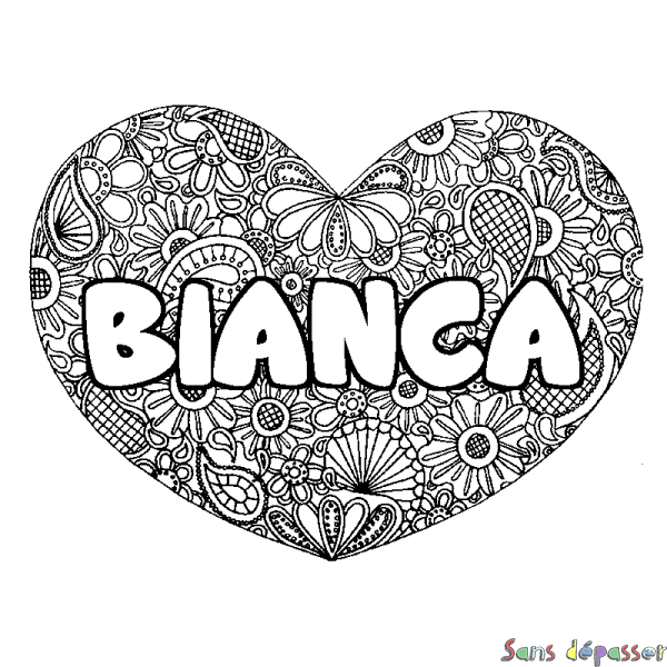 Coloriage prénom BIANCA - d&eacute;cor Mandala coeur