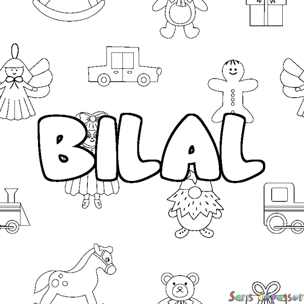 Coloriage pr&eacute;nom BILAL - d&eacute;cor Jouets