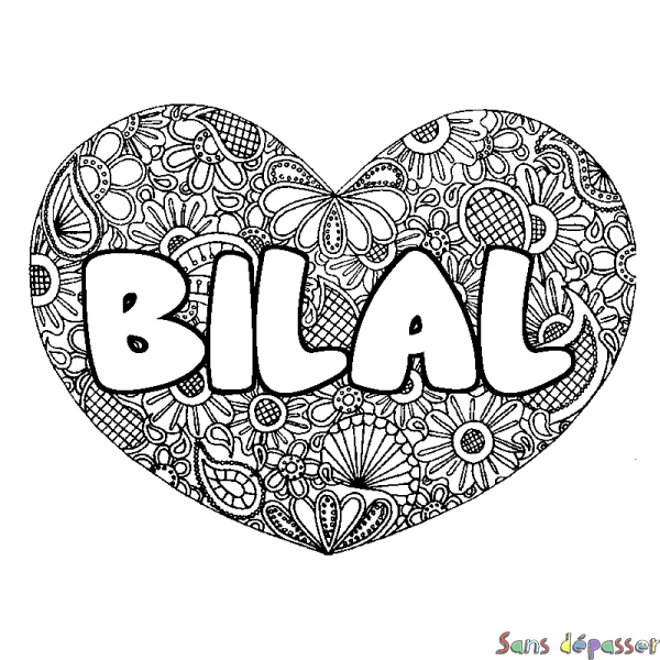 Coloriage pr&eacute;nom BILAL - d&eacute;cor Mandala coeur