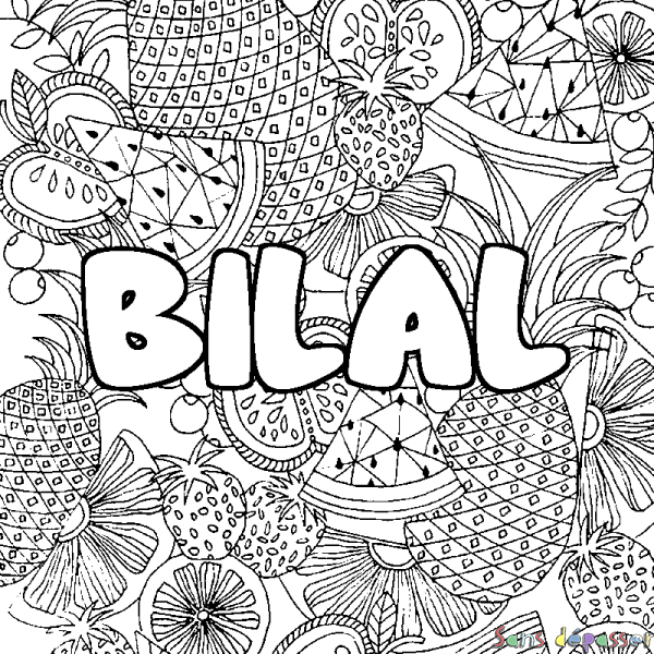 Coloriage pr&eacute;nom BILAL - d&eacute;cor Mandala fruits