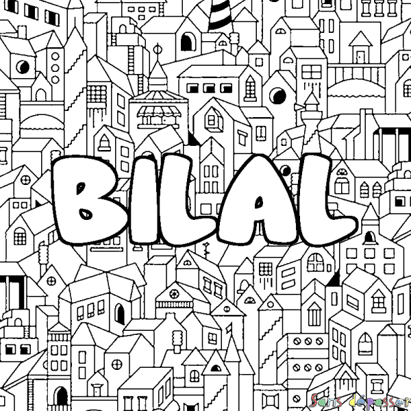 Coloriage pr&eacute;nom BILAL - d&eacute;cor Ville
