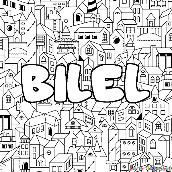 Coloriage prénom BILEL - d&eacute;cor Ville