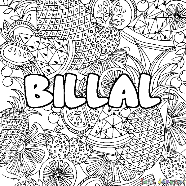 Coloriage prénom BILLAL - d&eacute;cor Mandala fruits